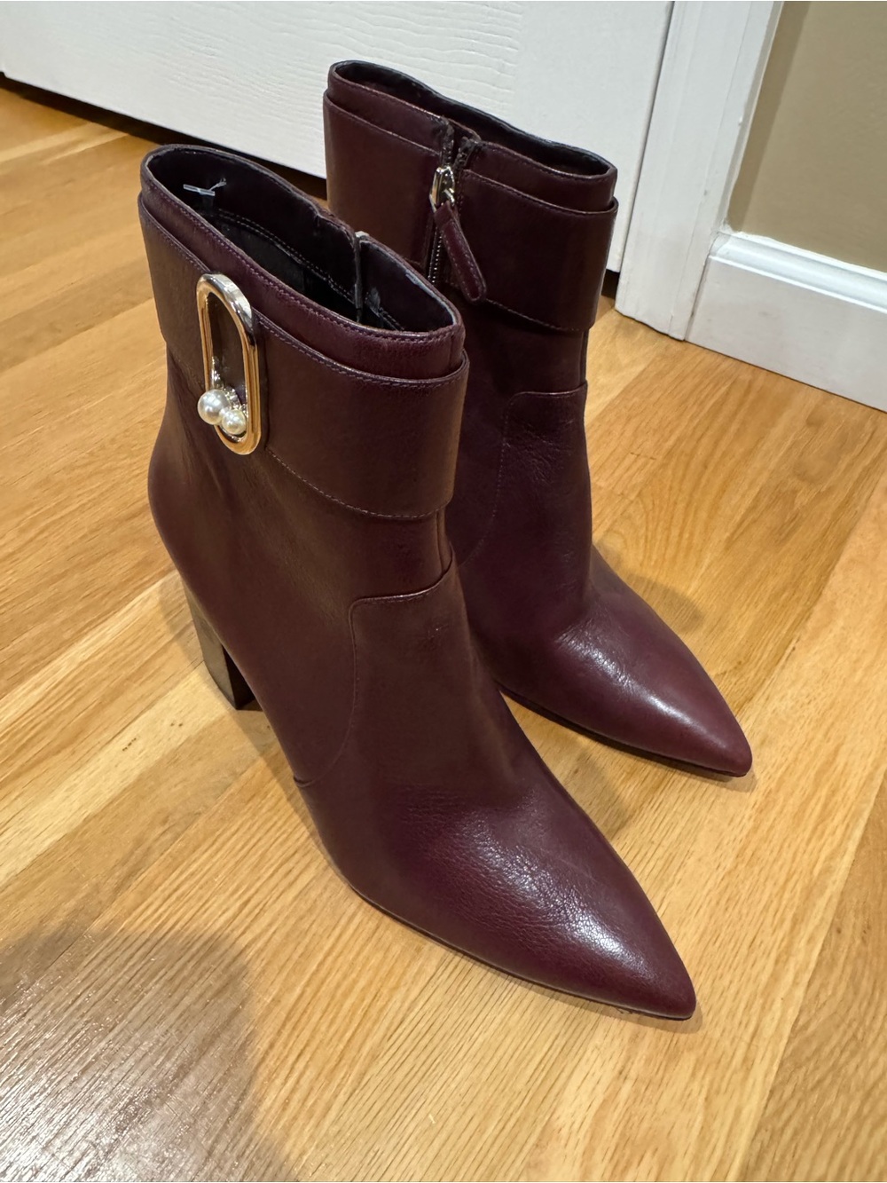 Nine West Burgundy Pointed Toe Ankle Boots with Gold Pearl Buckle